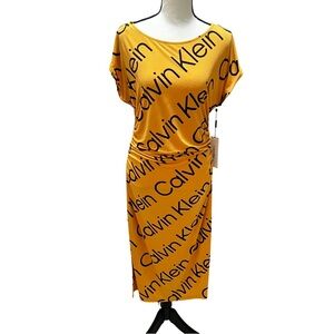 Calvin Klein Logo‎ Print Rushed Short Sleeve Designer Bodycon Dress Sz 12 Yellow
